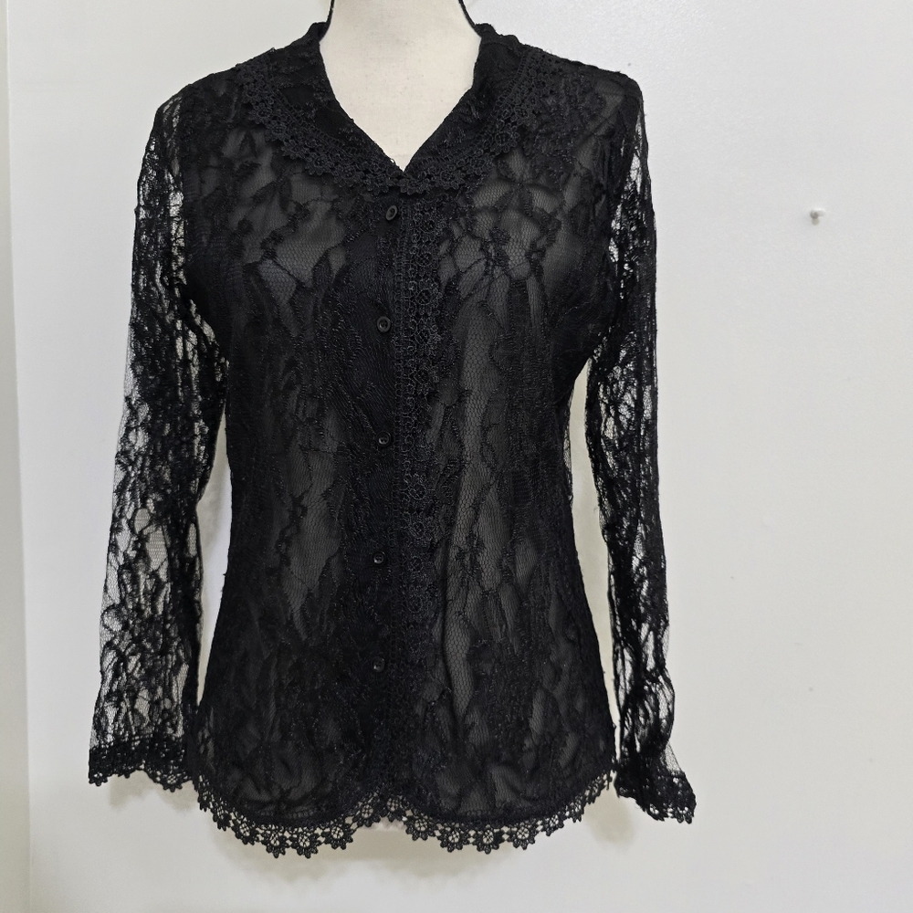 vintage victorian goth CLAUDIA RICHARD size Small Black‎ Sheer Lace Button Top